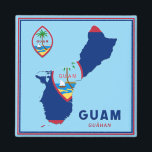 Guam Flag Map & Seal Magnet<br><div class="desc">The national flag of Guam is infused into the shape of the island and is alongside the coat of arms/seal of the country. The added text is the country name in two forms,  English and Chamorro.</div>