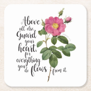 Guard your Heart - Vintage Rose, Proverbs 4:23 Square Paper Coaster