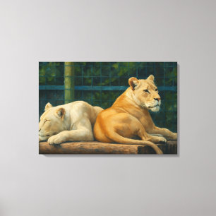 Guarded Rest – Lion Pair in Sanctuary Setting Canvas Print