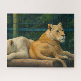 Guarded Rest – Lion Pair in Sanctuary Setting Jigsaw Puzzle