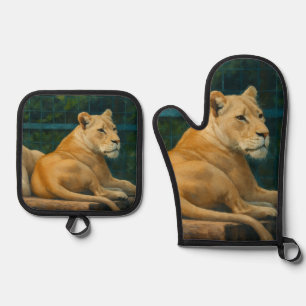 Guarded Rest – Lion Pair in Sanctuary Setting Oven Mitt & Pot Holder Set