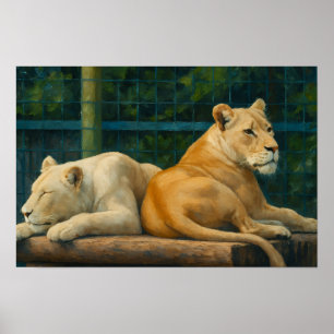 Guarded Rest – Lion Pair in Sanctuary Setting Poster