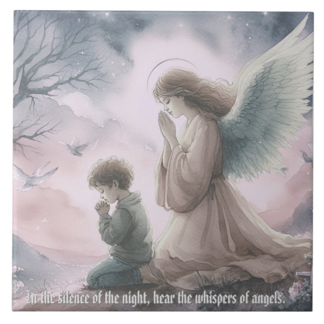 Guardian angel and child praying together ceramic tile (Front)