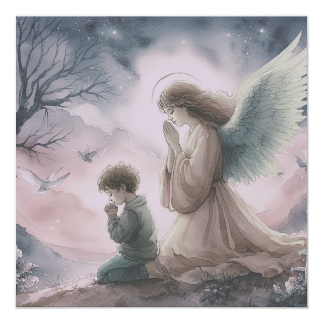 Guardian angel and child praying together poster (Front)