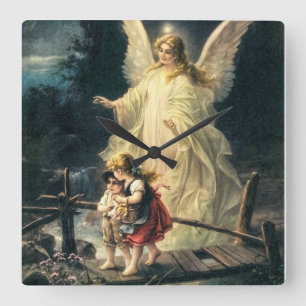 guardian angel and two children on the bridge square wall clock