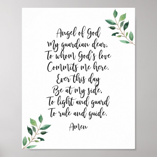 Guardian Angel Catholic Prayer Print Calligraphy (Front)