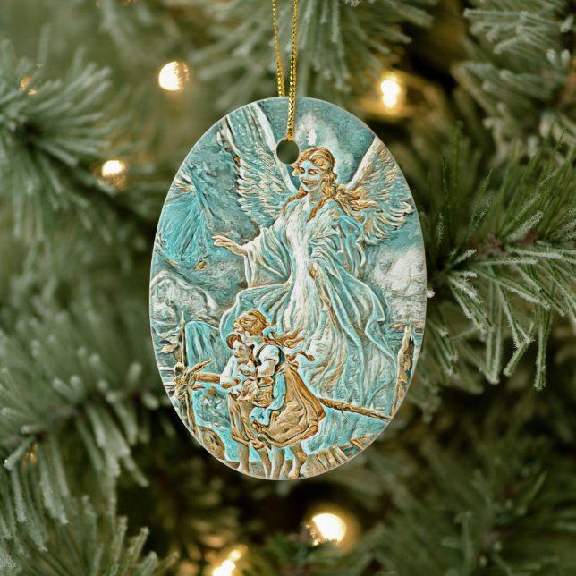 Guardian Angel, Children and Bridge Gold and Teal Ceramic Ornament (Tree)