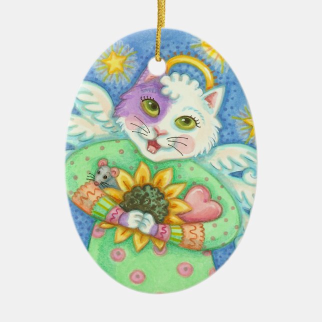 GUARDIAN ANGEL, CHRISTMAS CAT ORNAMENT Oval (Front)