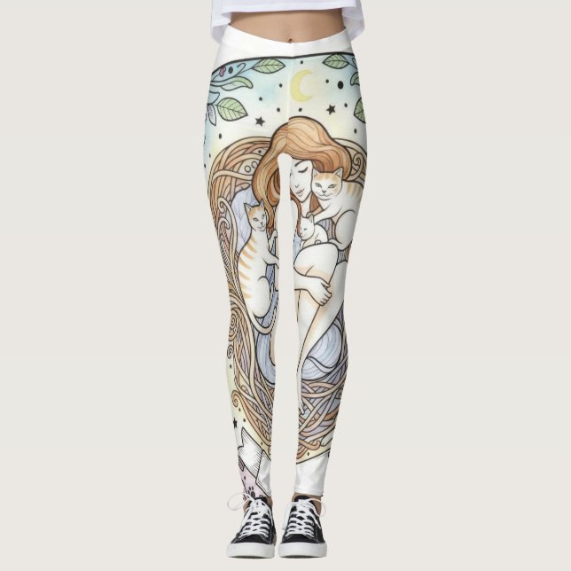 Guardian Angel Mother and Baby Cat Design Leggings (Front)