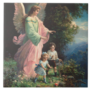 Guardian angel protecting children near a ledge ceramic tile