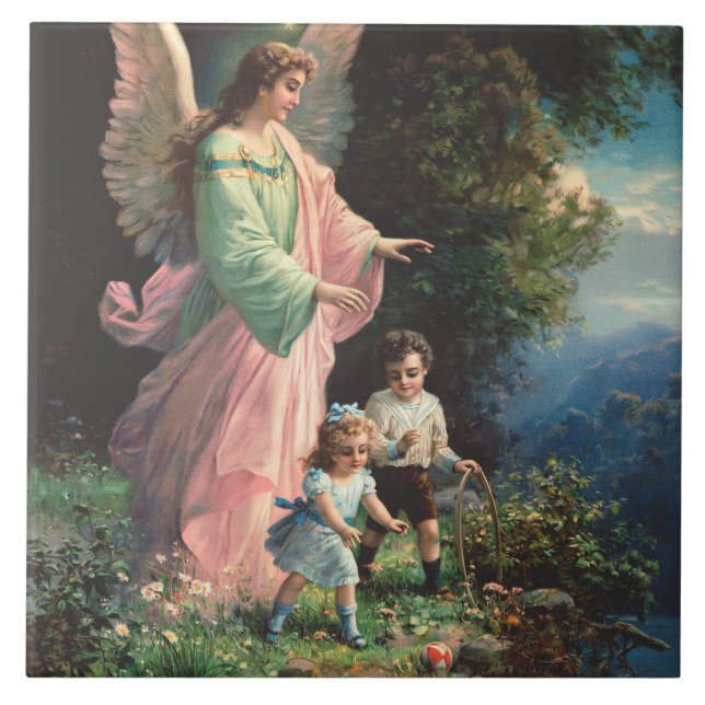Guardian angel protecting children near a ledge ceramic tile (Front)