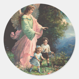 Guardian angel protecting children near a ledge classic round sticker