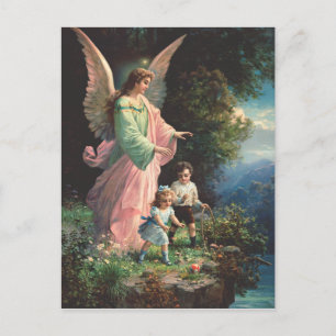 Guardian angel protecting children near a ledge postcard