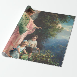 Guardian angel protecting children near a ledge wrapping paper