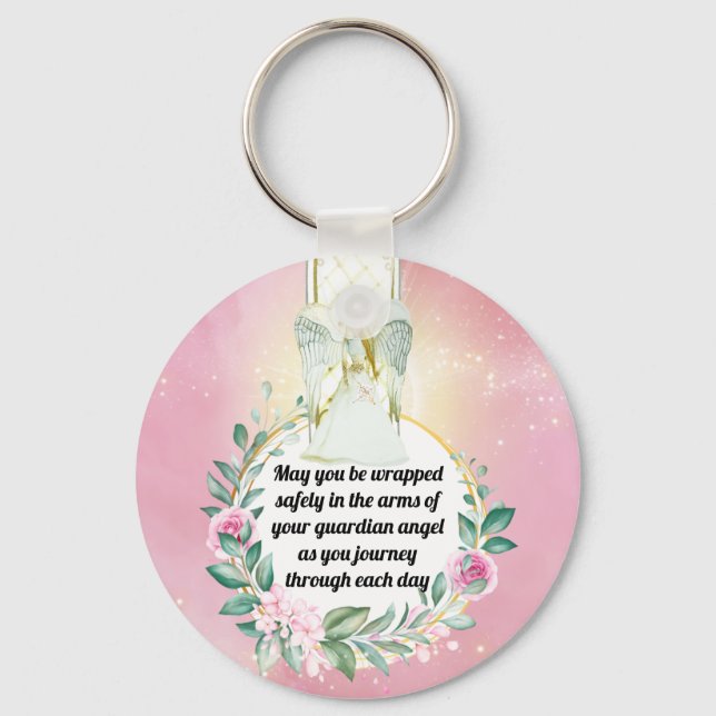 Guardian angel protection quote pink rose wreath key ring (Front)