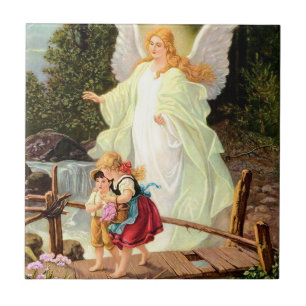 Guardian Angel Watching over Children Bridge Ceramic Tile