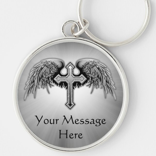 Guardian Angel Winged Cross Design Key Ring (Front)
