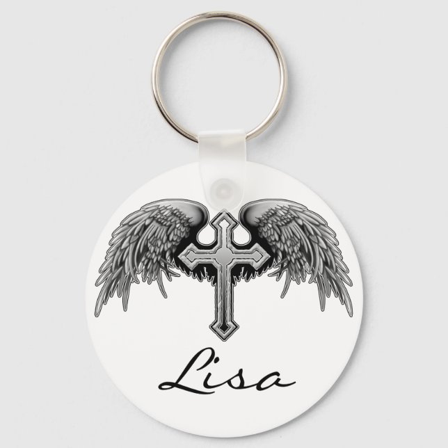 Guardian Angel Winged Cross Design Key Ring (Front)