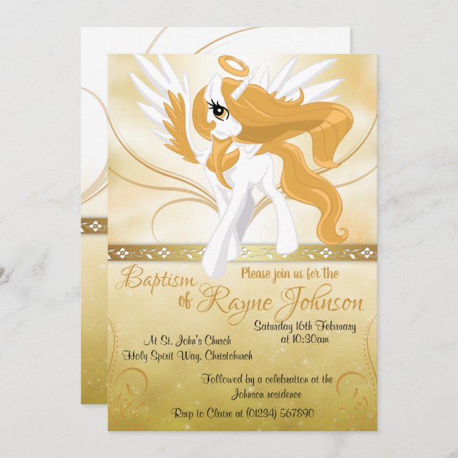 Guardian Angel Winged Unicorn Baptism Invitations (Front/Back)