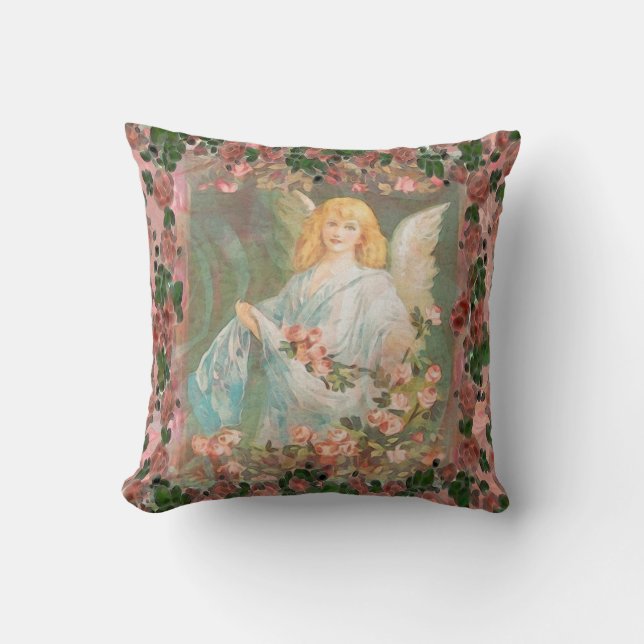 Guardian Angel with Pink Roses Cushion (Front)