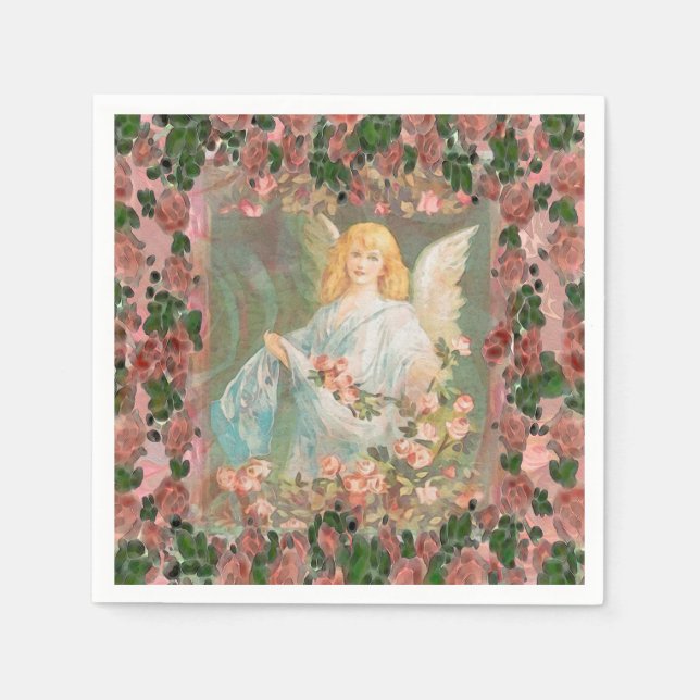Guardian Angel with Pink Roses Napkin (Front)