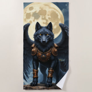 Guardian of the Moon – The Black Winged Wolf Beach Towel