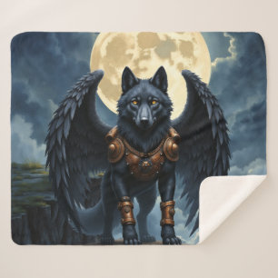 Guardian of the Moon – The Black Winged Wolf Sherpa Blanket