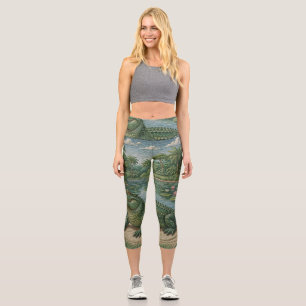 Guardian of the Wetlands: Embroidered Crocodile Capri Leggings