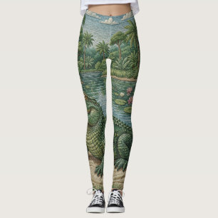 Guardian of the Wetlands: Embroidered Crocodile Leggings