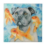 Guardian | Pit Bull Dog and Goldfishes Watercolor Ceramic Tile<br><div class="desc">This is a watercolor painting of a pit bull dog and orange goldfishes floating around him. I used Holbein and Daniel Smith watercolor paints on Arches hot pressed paper.</div>