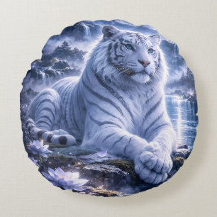 Guardian White Tiger – Silent Strength and Gentle Round Cushion