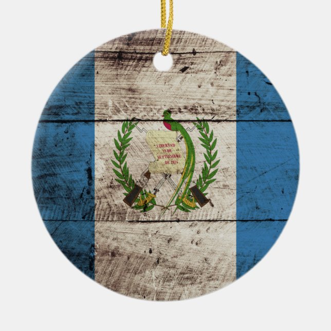 Guatemala Flag on Old Wood Grain Ceramic Ornament (Front)