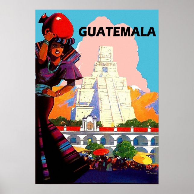 Guatemala, native woman with pottery, pyramid poster (Front)