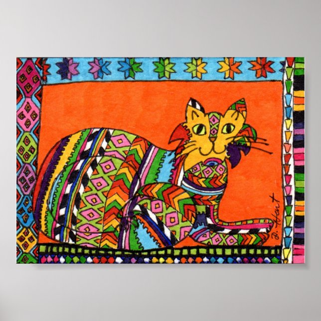 Guatemalan Style Cat Mini Folk Art Poster (Front)