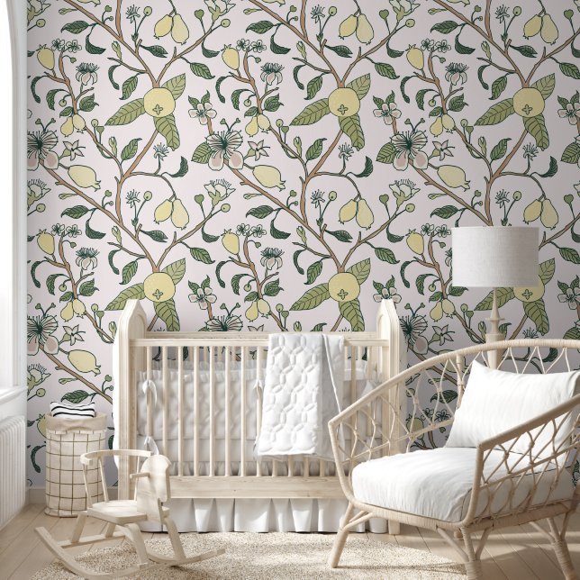 Guava Fruit - Trailing Floral - Soft White Wallpaper (Kids)