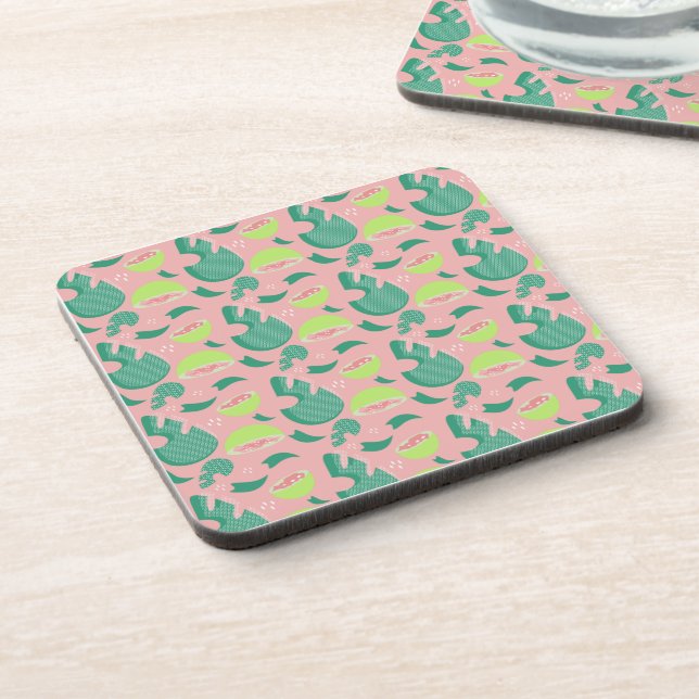 Guava Greenery Pink Green Fruit Pattern Coaster (Left Side)