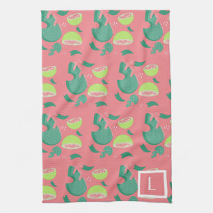 Guava Summer Fruit Halves Monstera Greenery Pink Tea Towel