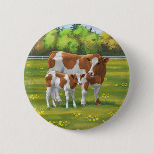 Guernsey Cow & Cute Calf in Summer Pasture 6 Cm Round Badge