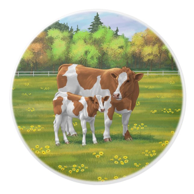 Guernsey Cow & Cute Calf in Summer Pasture Ceramic Knob (Front)