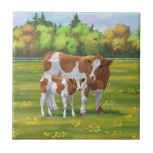 Guernsey Cow & Cute Calf in Summer Pasture Ceramic Tile