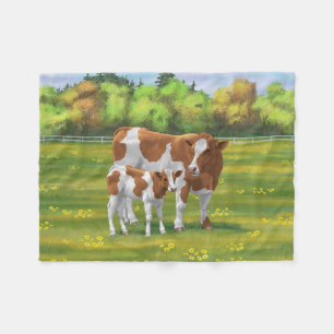Guernsey Cow & Cute Calf in Summer Pasture Fleece Blanket