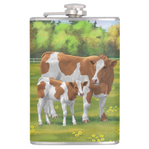 Guernsey Cow & Cute Calf in Summer Pasture Hip Flask