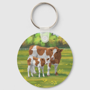 Guernsey Cow & Cute Calf in Summer Pasture Key Ring