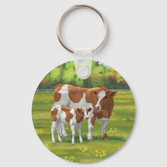 Guernsey Cow & Cute Calf in Summer Pasture Key Ring (Front)