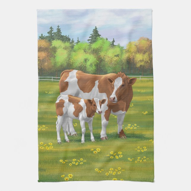 Guernsey Cow & Cute Calf in Summer Pasture Tea Towel (Vertical)