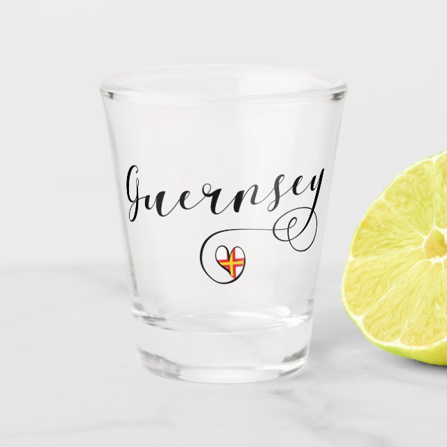 Guernsey Flag Heart Script Design Shot Glass (Front)