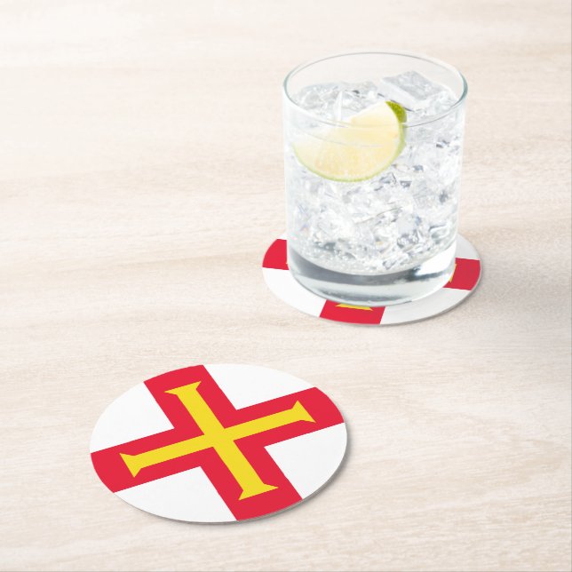 Guernsey flag round paper coaster (Insitu)