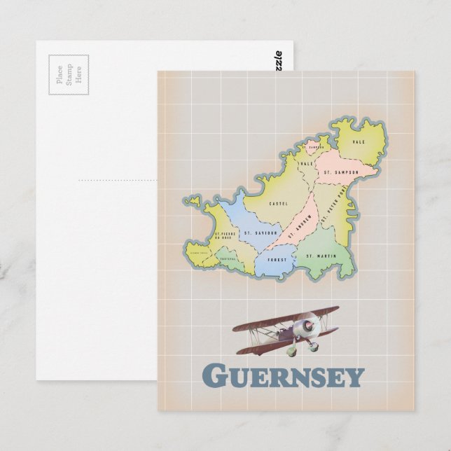 Guernsey vintage map postcard (Front/Back)