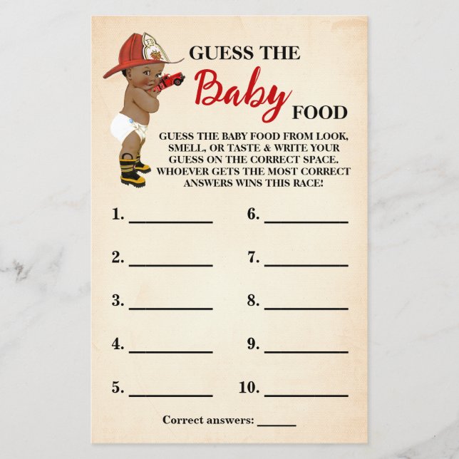 Guess Baby Food AA Fireman Baby Shower Game Card (Front)