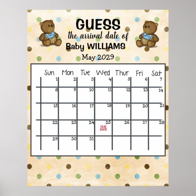 Guess Due Date Calendar with Bears Poster (Front)